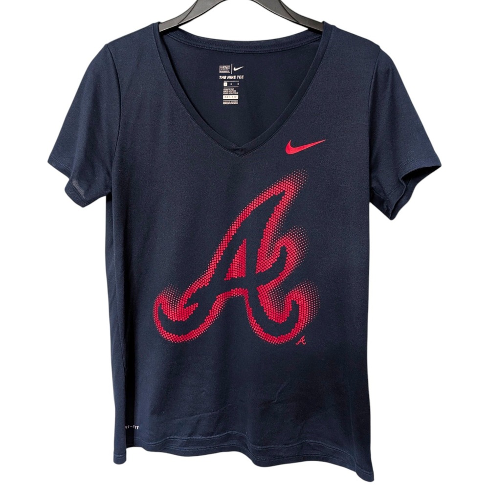 Nike Atlanta Braves Dri-Fit V-Neck T-Shirt Navy Blue MLB Graphic‎ Tee Size Large - Picture 7 of 7